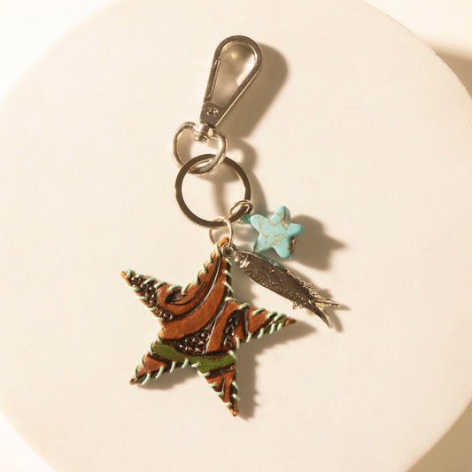 Myra Moonlight Bay Star Handtooled Leather Key Fob in Amber Turquoise