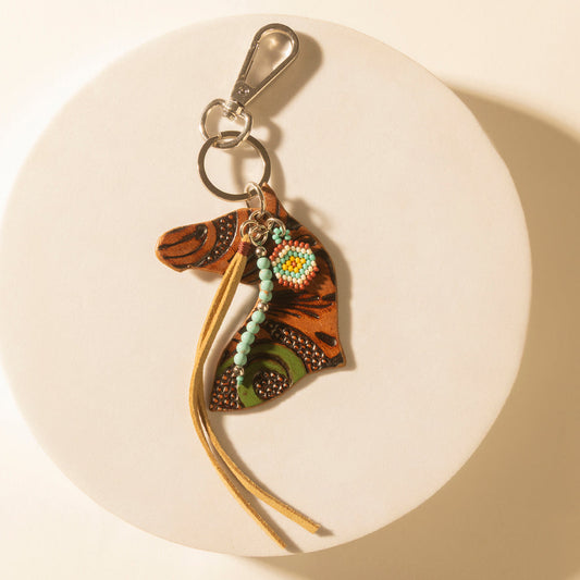 Myra Western Star Horse Handtooled Leather Key Fob in Amber Turquoise