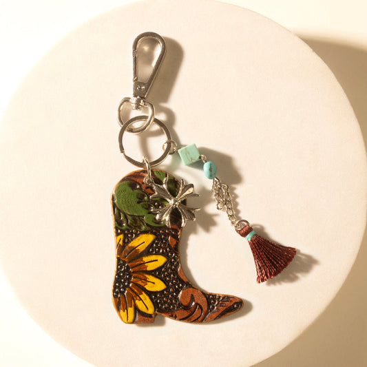 Myra Southern Bloom Boot Handtooled Leather Key Fob in Amber Aqua