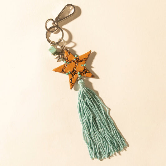 Myra Western Sky Beaded Fringe Handtooled Leather Key Fob in Ocean Blue
