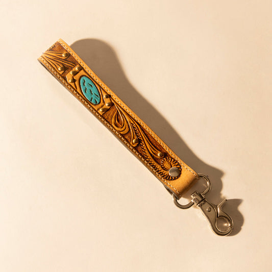 Myra Wildhue Western Key Fob in light brown with turquoise stone handtooled detail