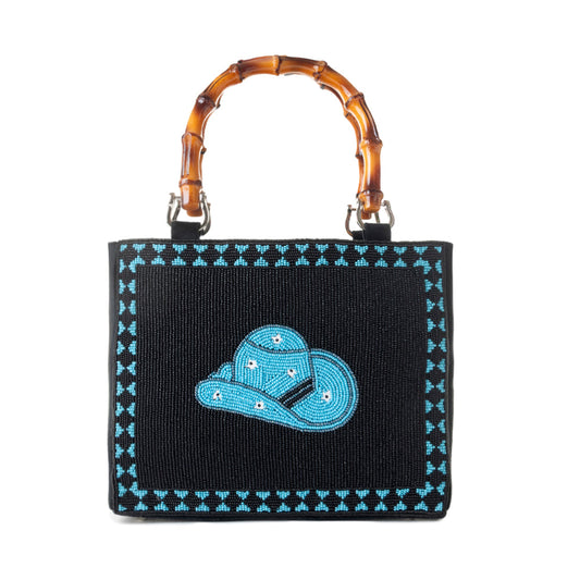 Myra Hat Tipper Western hand beaded Bag in blue with bamboo handle and hat embroidery