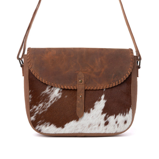 Myra Honey Field Hairon Leather Messenger Bag in Sable Mist
