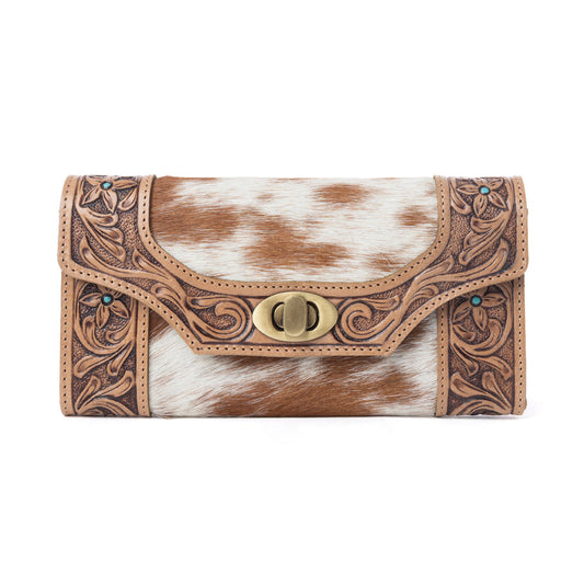 Myra Fern Pass Handtooled Hairon Leather Women’s Wallet in Warm Caramel