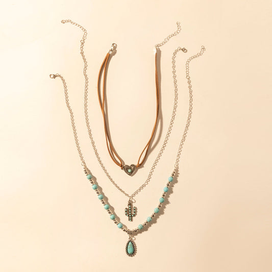 Myra Boho Mesa Layered Necklace for Women with turquoise bead and cactus pendant detail for western wear