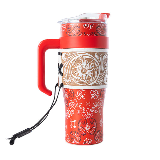 Myra Bandana Tooled Western Tumbler in Red Stainless Steel with Handtooled Leather and Handle for Use