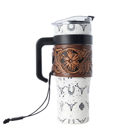 Myra Westmark Tooled Western Tumbler in White Stainless Steel with Leather Wrap and Handle for Use