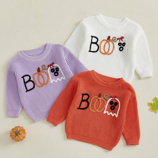 Baby Toddler Boys Girls Halloween Sweater Embroidery Boo Ribbed Crew Neck Long Sleeve Knitted Top for Fall