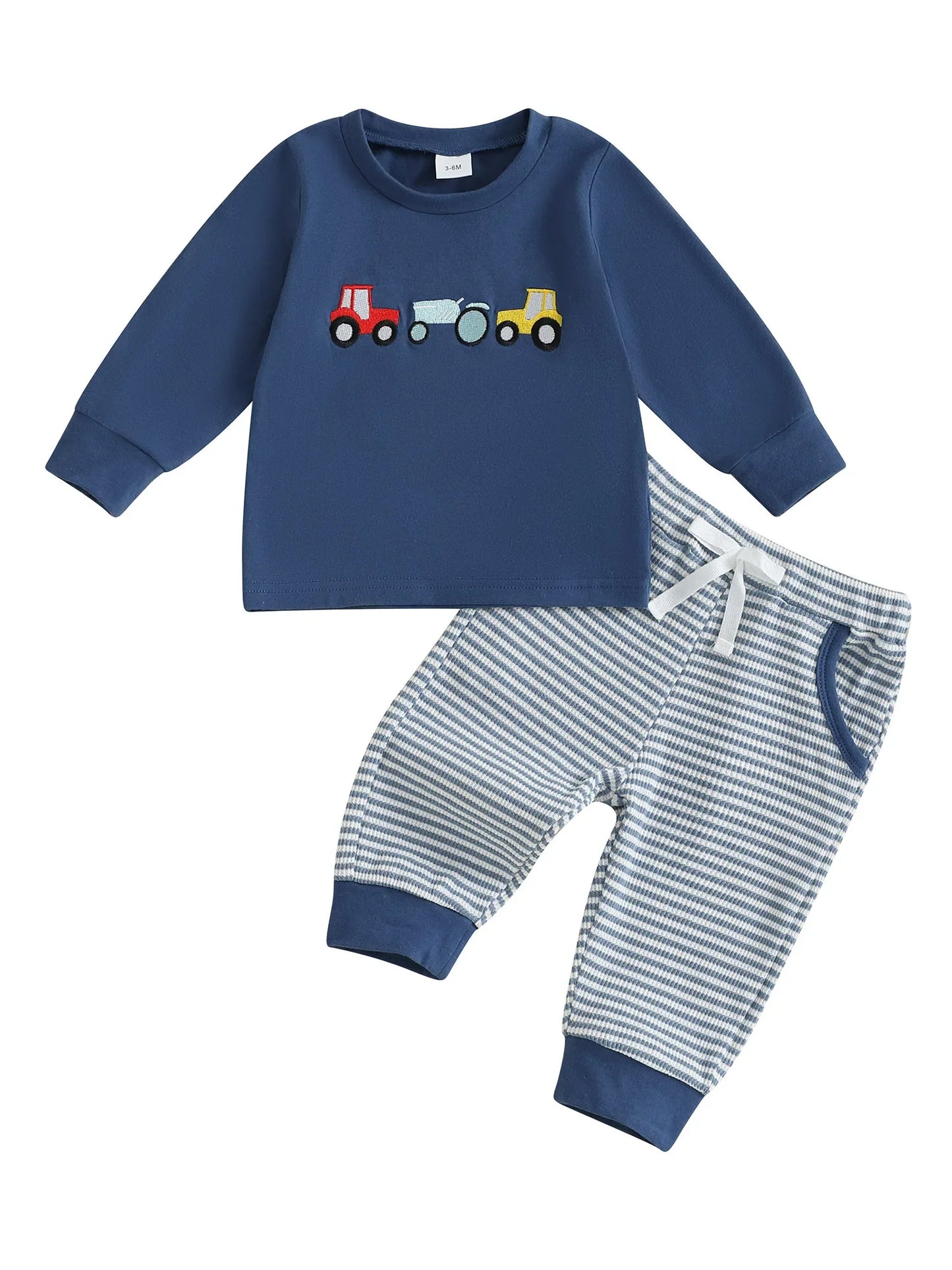 Baby Toddler Boys 2Pcs Outfit Car Embroidery Long Sleeve Top and Stripe Long Pants Clothes Set