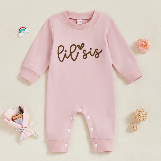 Baby Girl Lil Sis Romper Heart Letter Print Crewneck Long Sleeve Bodysuit Cute Winter Fall Clothes