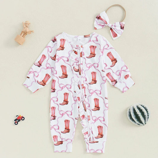 Baby Girl 2Pcs Fall Jumpsuit Ruffled Zip Up Boots Ribbons Print Long Sleeve Round Neck Zipper Romper Bow Headband Set