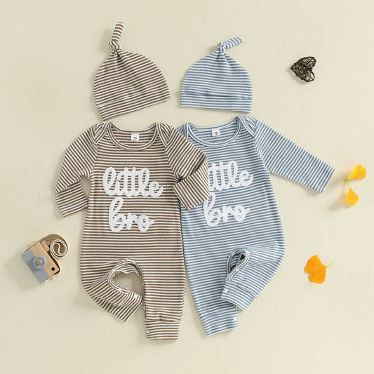 Baby Boys Autumn Striped Jumpsuit Long Sleeve Crewneck Letter Embroidery Romper with Hat