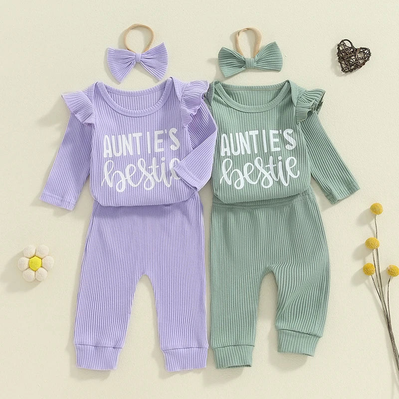 Baby Girls 3Pcs Auntie's Bestie Ribbed Letter Print Long Sleeve Round Neck Ruffled Romper Pants Hair Band Outfit Set