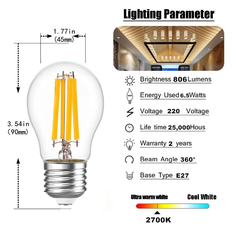 DecorBites™ LED Filament Globe Bulbs G45 E27 6.5W High Lumens Ultra Bright Glass Bulbs