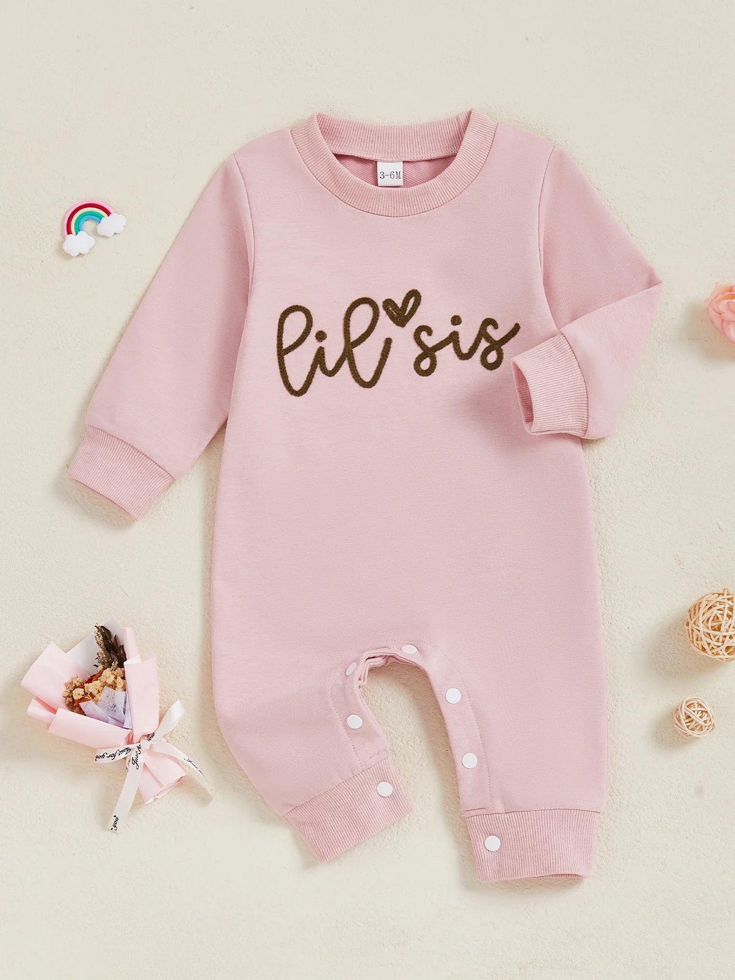 Baby Girl Lil Sis Romper Heart Letter Print Crewneck Long Sleeve Bodysuit Cute Winter Fall Clothes