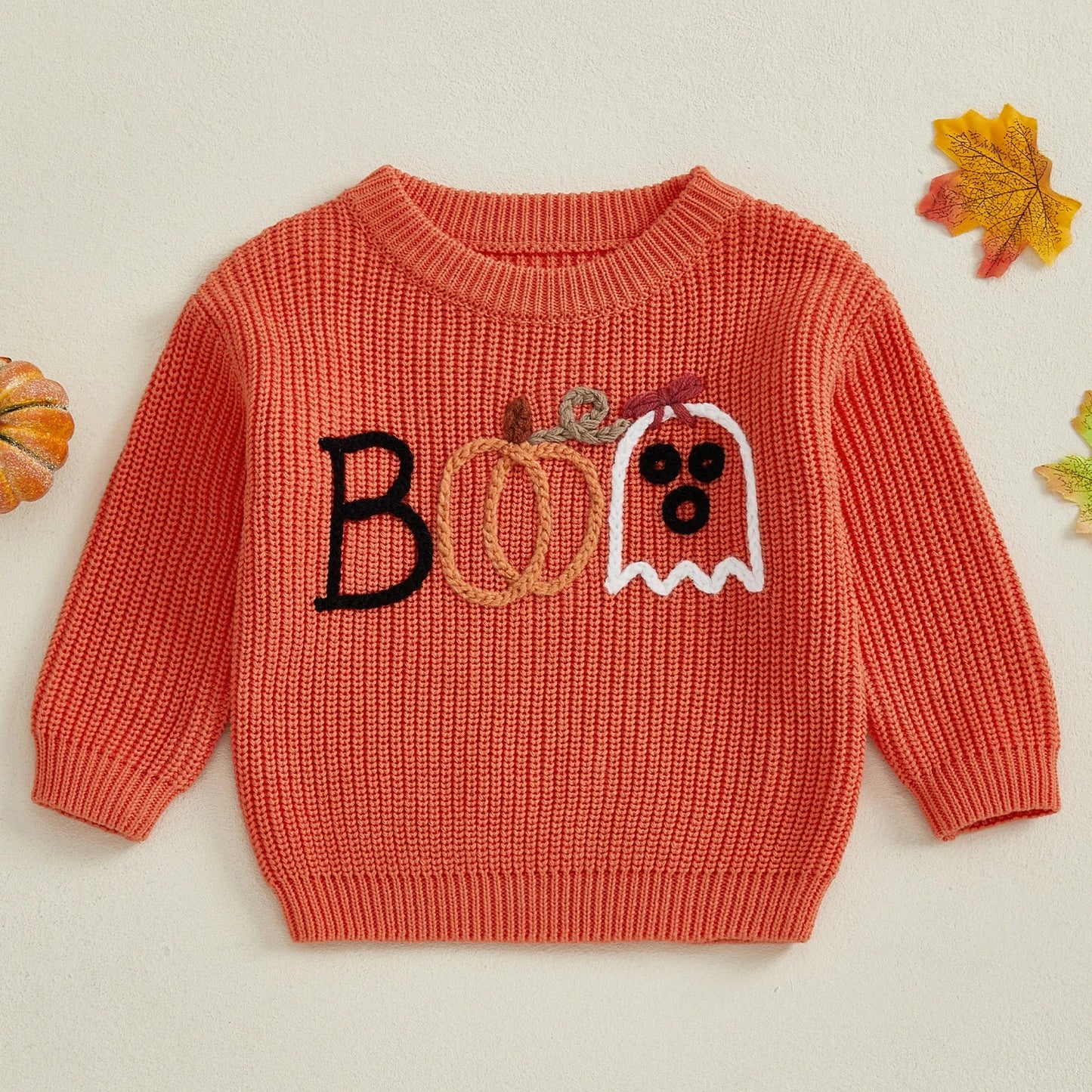 Baby Toddler Boys Girls Halloween Sweater Embroidery Boo Ribbed Crew Neck Long Sleeve Knitted Top for Fall