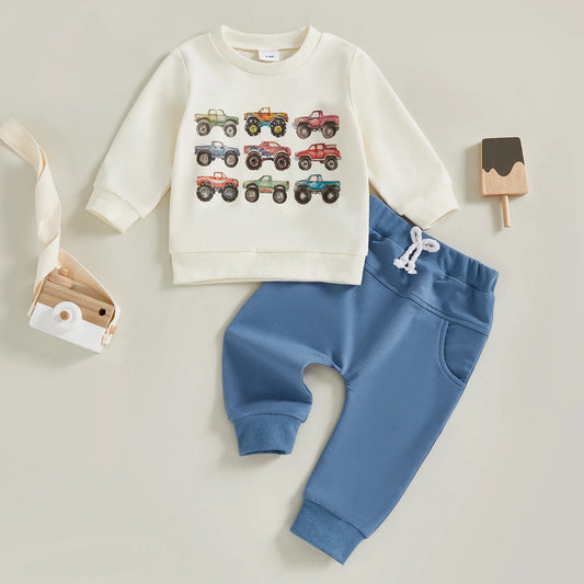 Toddler Boys Fall Outfits Retro Truck Print Long Sleeve Sweatshirts and Long Pants 2Pcs Clothes Set