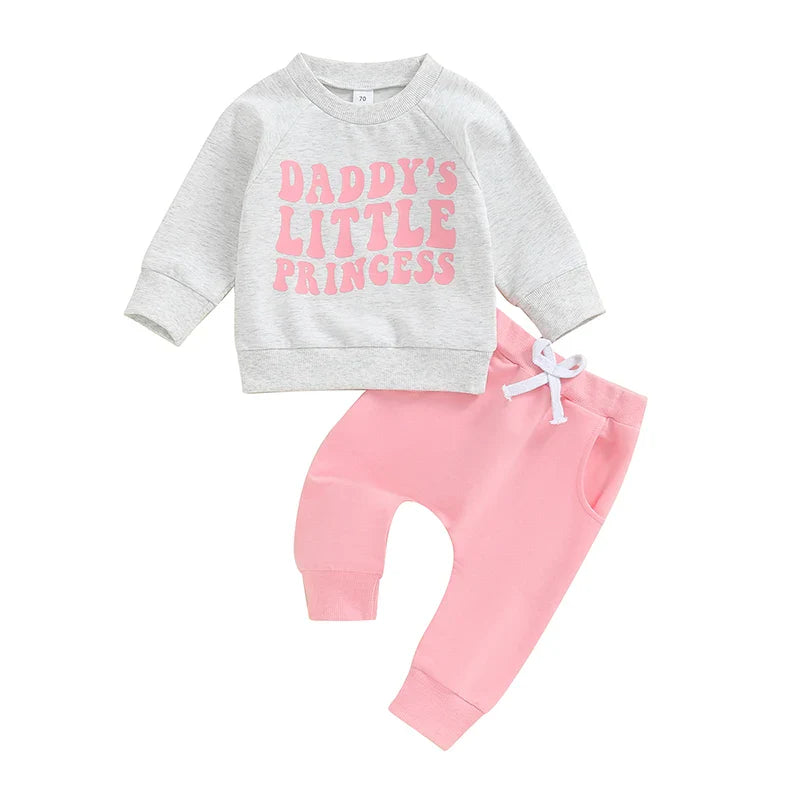 Baby Toddler Girls 2Pcs Daddy's Little Princess Long Sleeve Letter Print Top Solid Color Pants Outfit Set