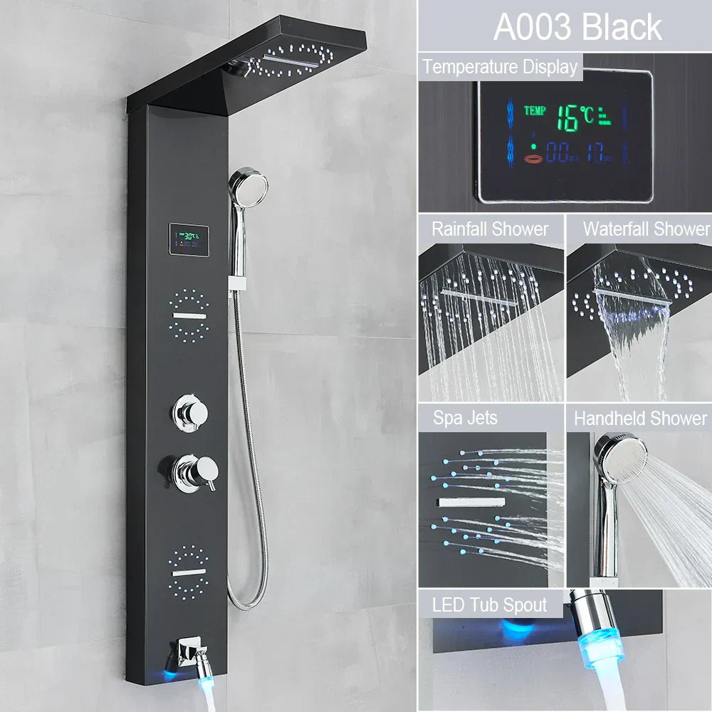 DecorBites™ LED Light Shower Faucet System: Rainfall, Massage Jets, Waterfall Panel with Temperature Control