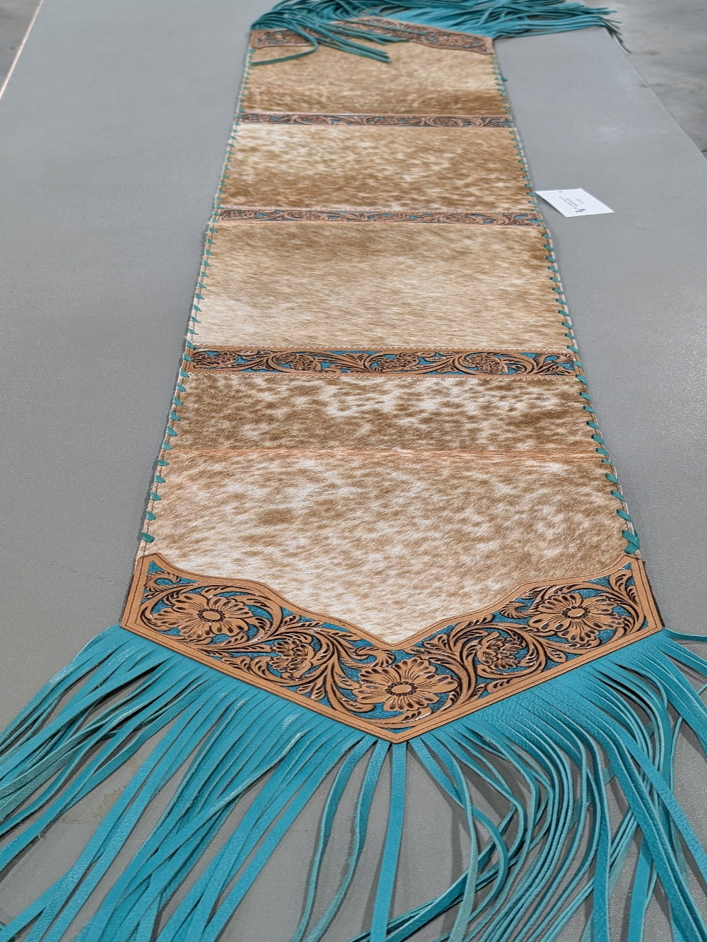 6ft Genuine Cowhide Table Runner – Tooled Leather Ends & Teal Fringe