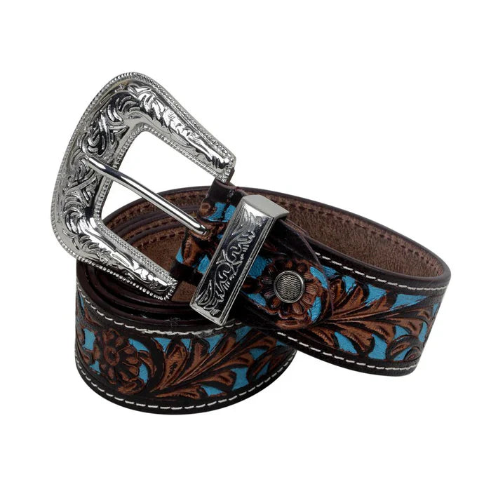 Myra Turquoise Floral Leather Belt with Antique Silver Buckle – Western Chic Women’s Accessory