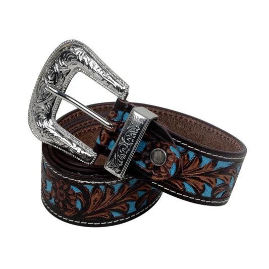 Myra Turquoise Floral Leather Belt with Antique Silver Buckle – Western Chic Women’s Accessory