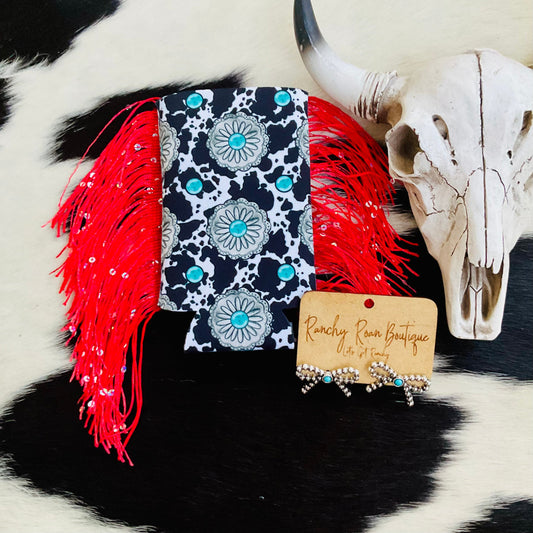 Turquoise Concho Cow Print Slim Fringe Koozie