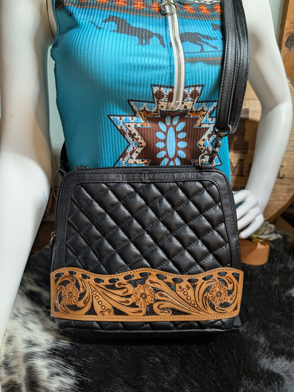 Genuine Leather Quilted Crossbody Black Purse