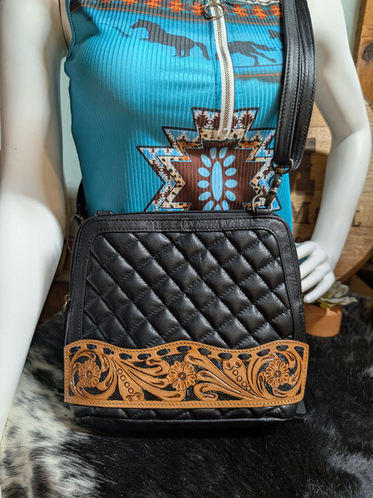 Genuine Leather Quilted Crossbody Black Purse