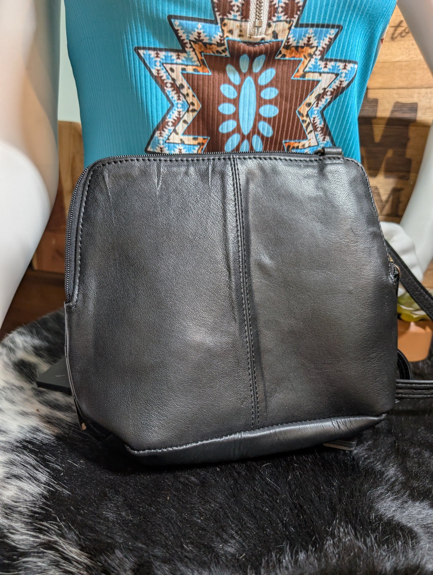 Genuine Leather Quilted Crossbody Black Purse