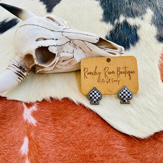 Western Checker Spade Stud Earrings – Bold Statement Jewelry