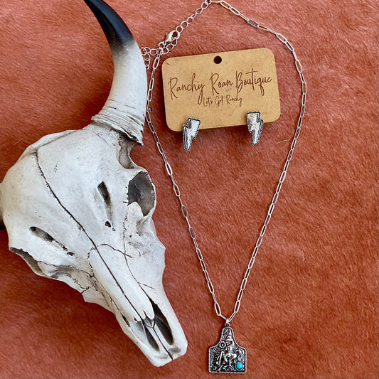 Western Cowboy Ear Tag Necklace – Burnished Silver & Turquoise