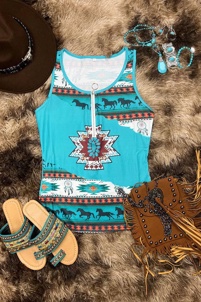Turquoise Aztec Western Print Zipper Down Tank Top
