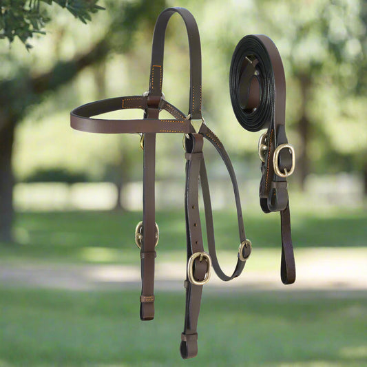 Western Leather Quick Change Headstall & Reins Set – Brown with Brass Buckles