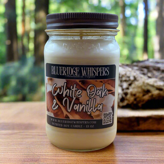 White Oak & Vanilla – Warm Whiskey Wood Soy Candle | 16 oz Mason Jar
