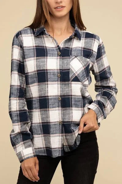 Zenana Cotton Plaid Shirt with Front Pocket | Women’s Long Sleeve Button-Up