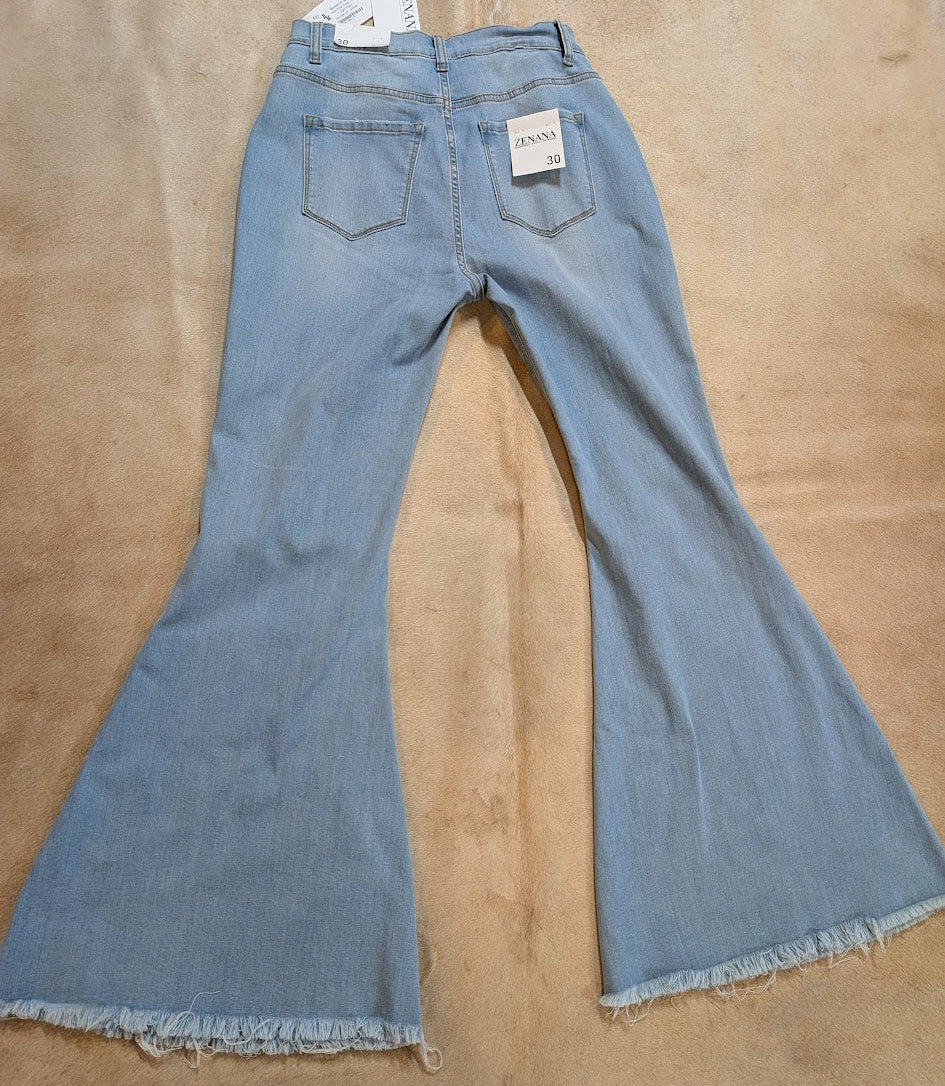 Zenana High Rise Super Flare Light Wash Distressed Jeans - Size 30