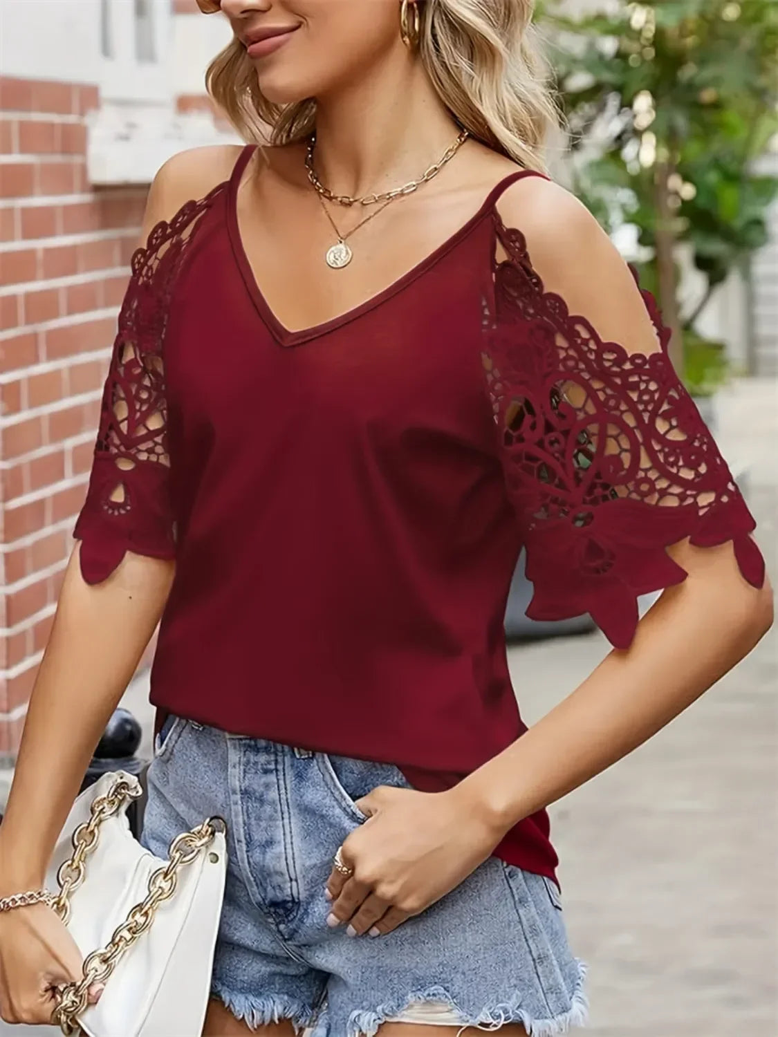 Cold Shoulder Lace Sleeve Blouse