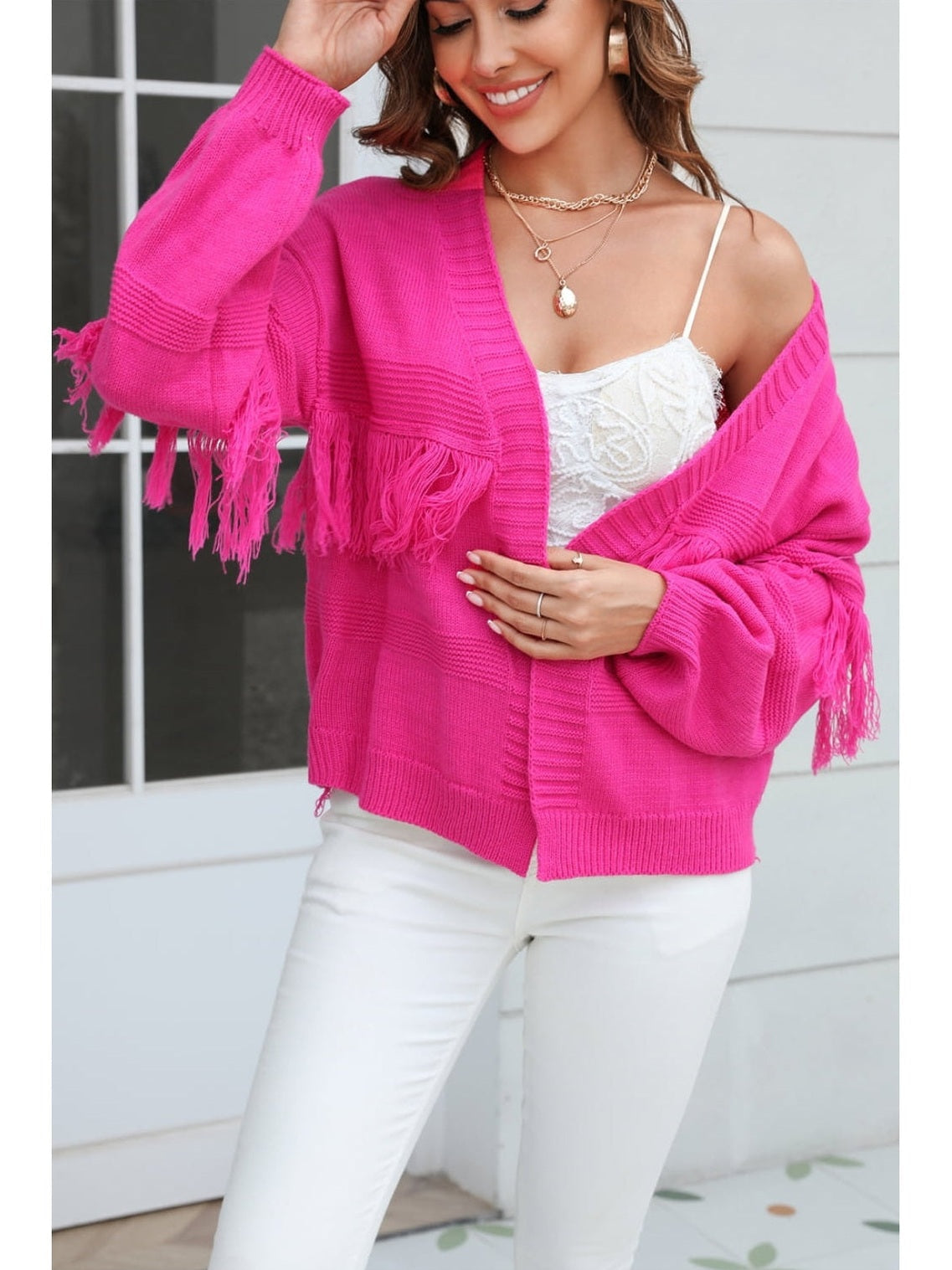 Women Double Take Fringe Trim Open Front Cardigan Sweater