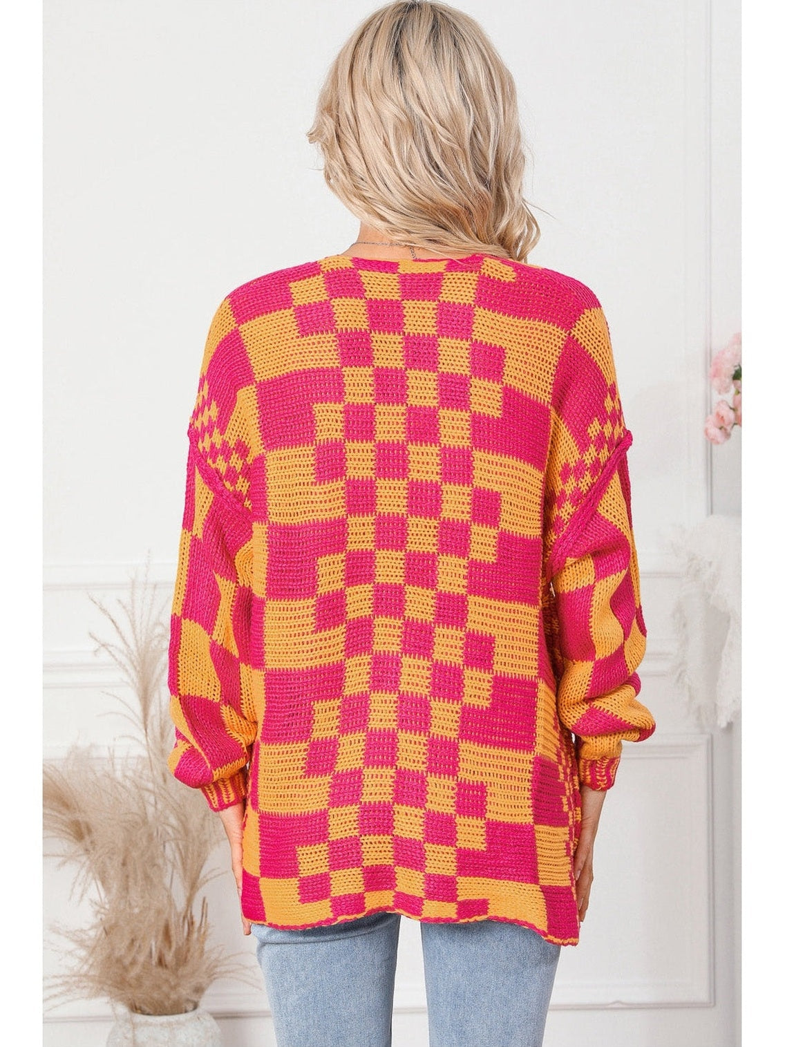 Women Cardigan Sweater Contrast Exposed Seam Open Front Orange Colored