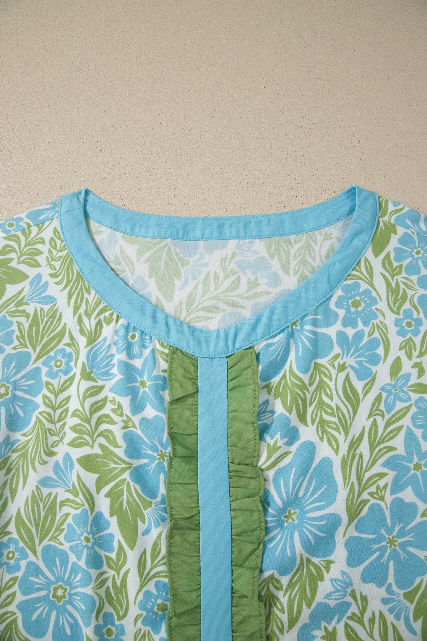Floral Ruffle Colorblock Trim 3/4 Sleeve Blouse