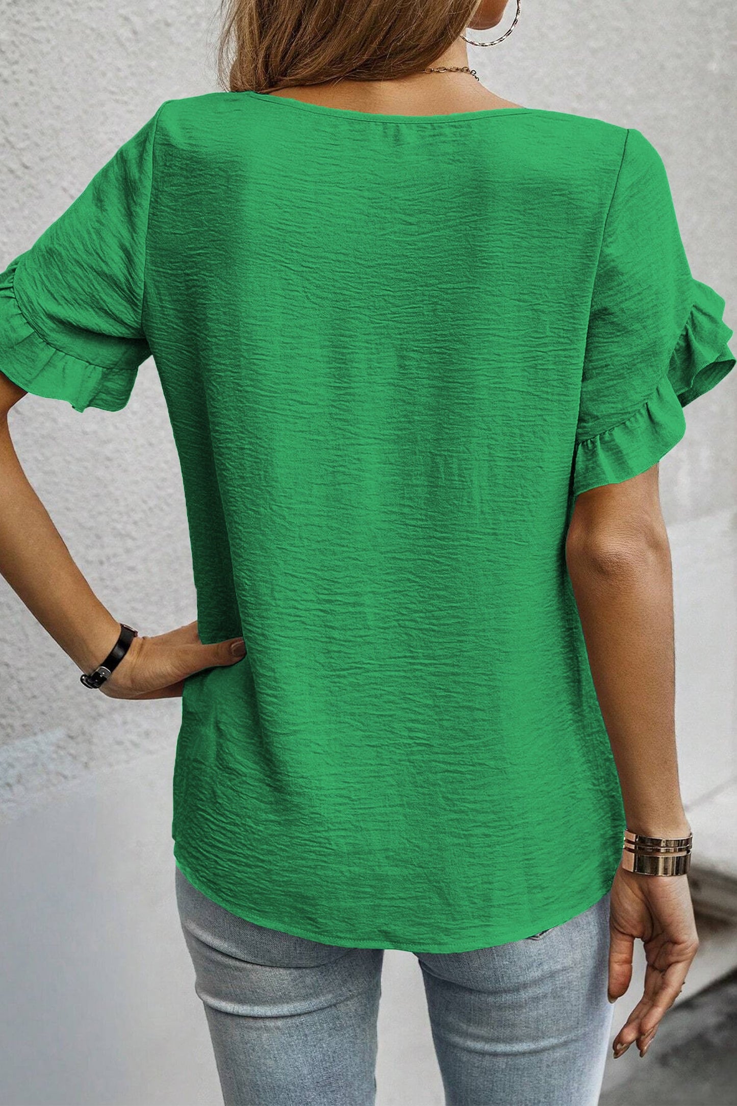 Solid Ruffle Trim Short Sleeve Blouse
