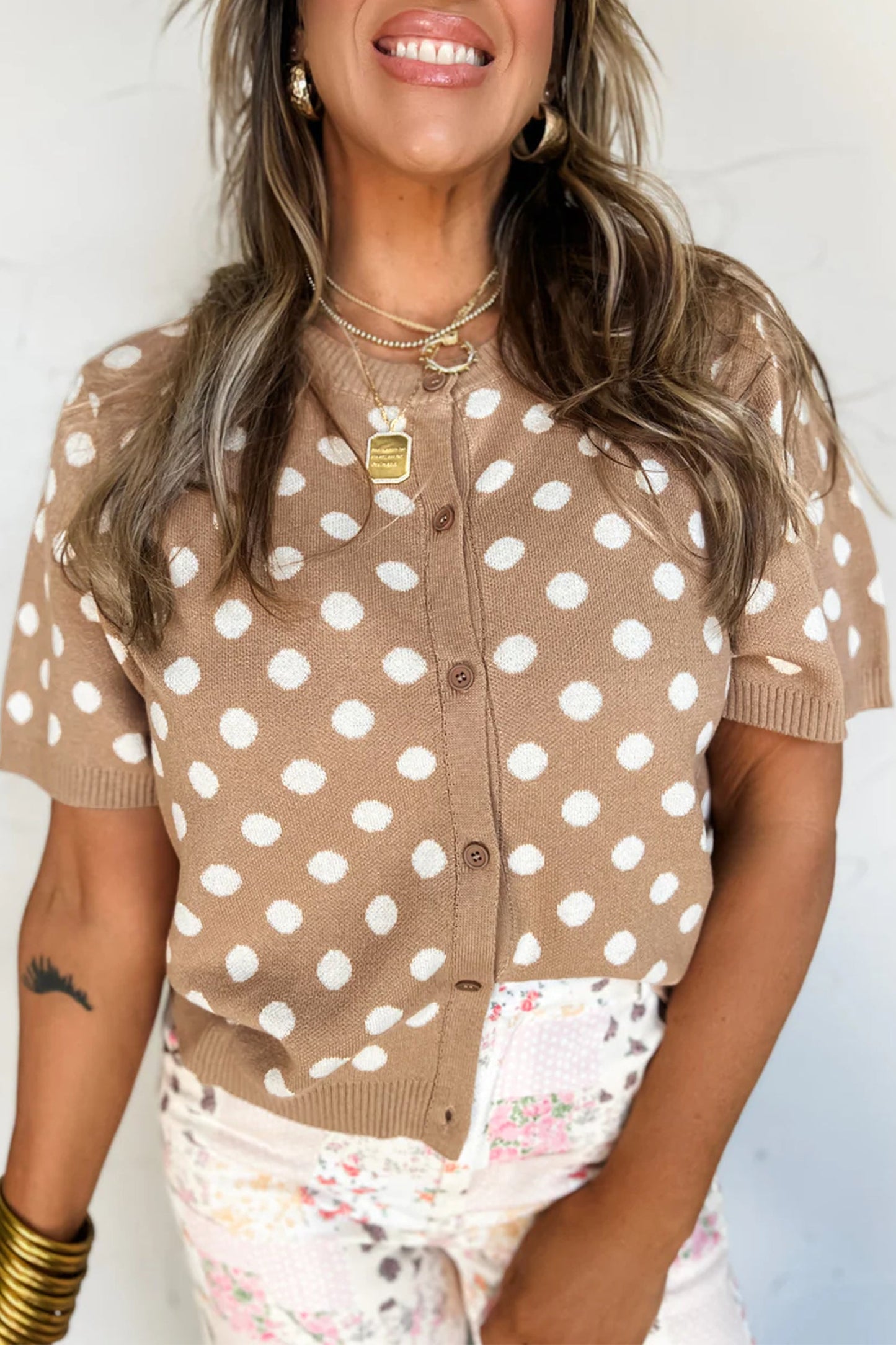 Polka Dot Short Sleeve Buttoned Sweater Cardigan