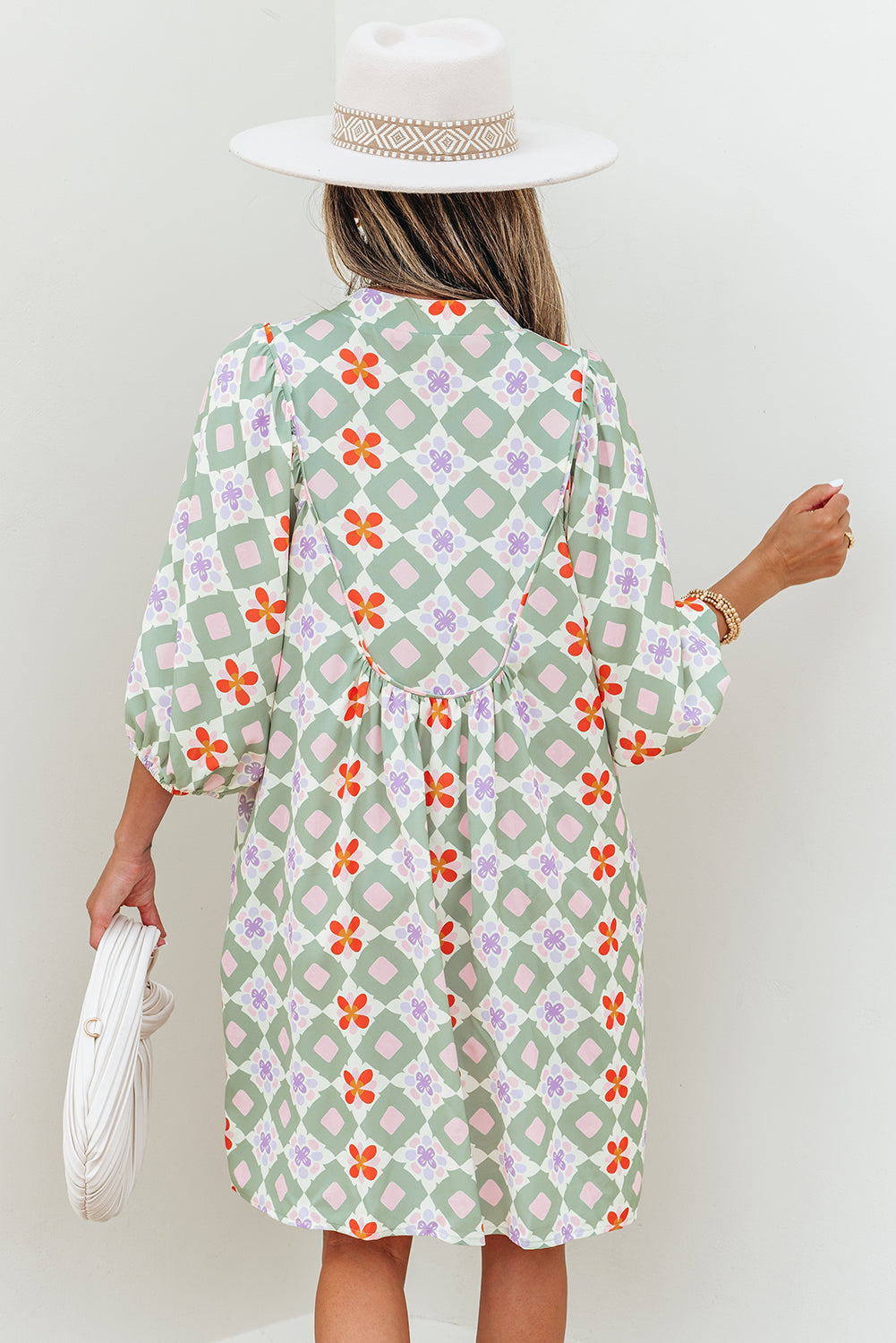 Geometric Floral 3/4 Sleeve Mini Dress