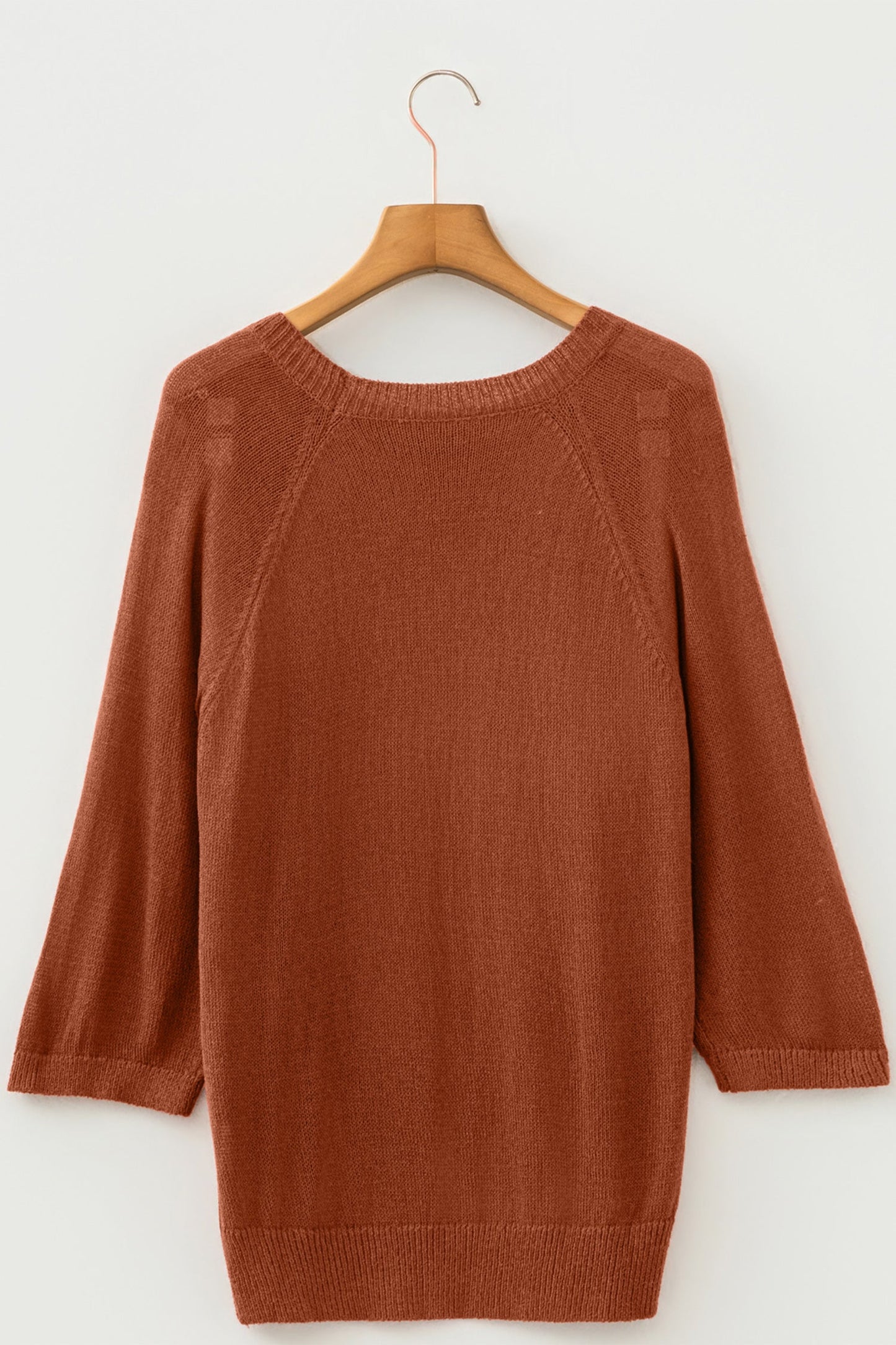 Ribbed Knit Round Neck 3/4 Sleeve Sweater