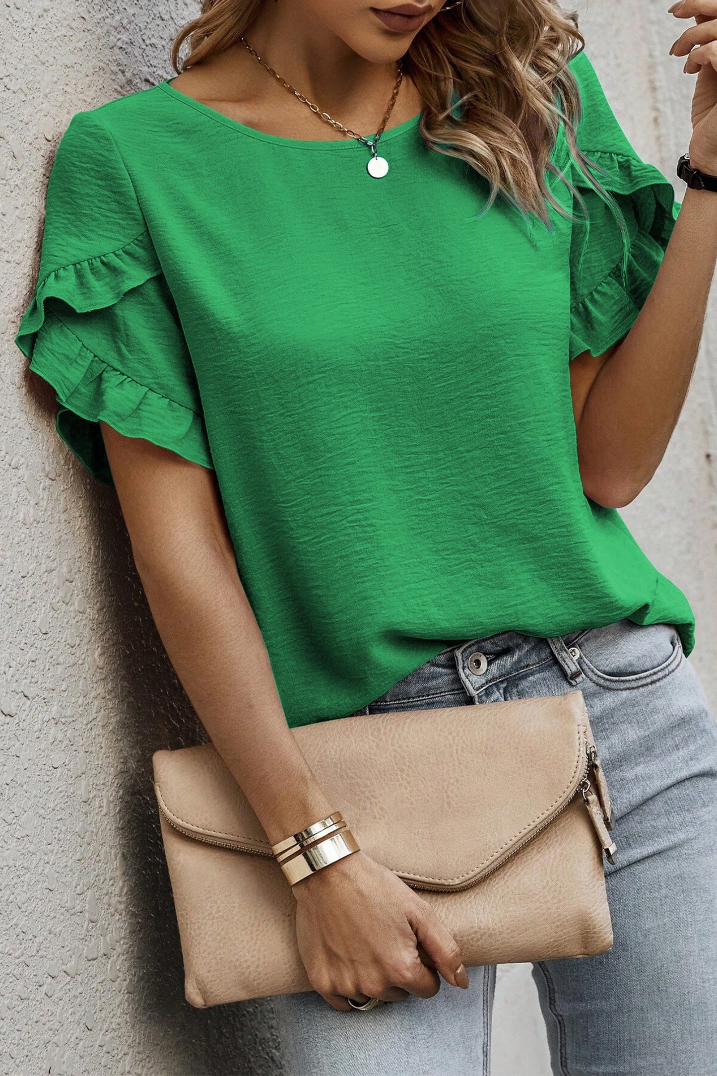 Solid Ruffle Trim Short Sleeve Blouse