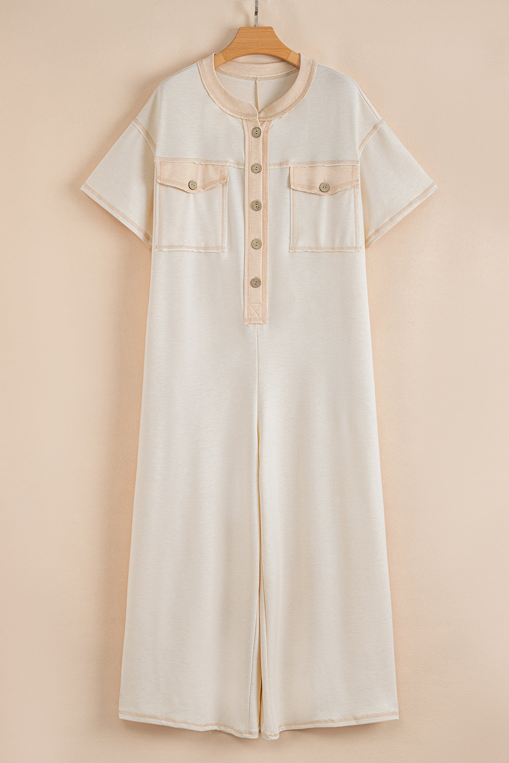 Half Placket Chest Pockets Wide Leg Jumpsuit