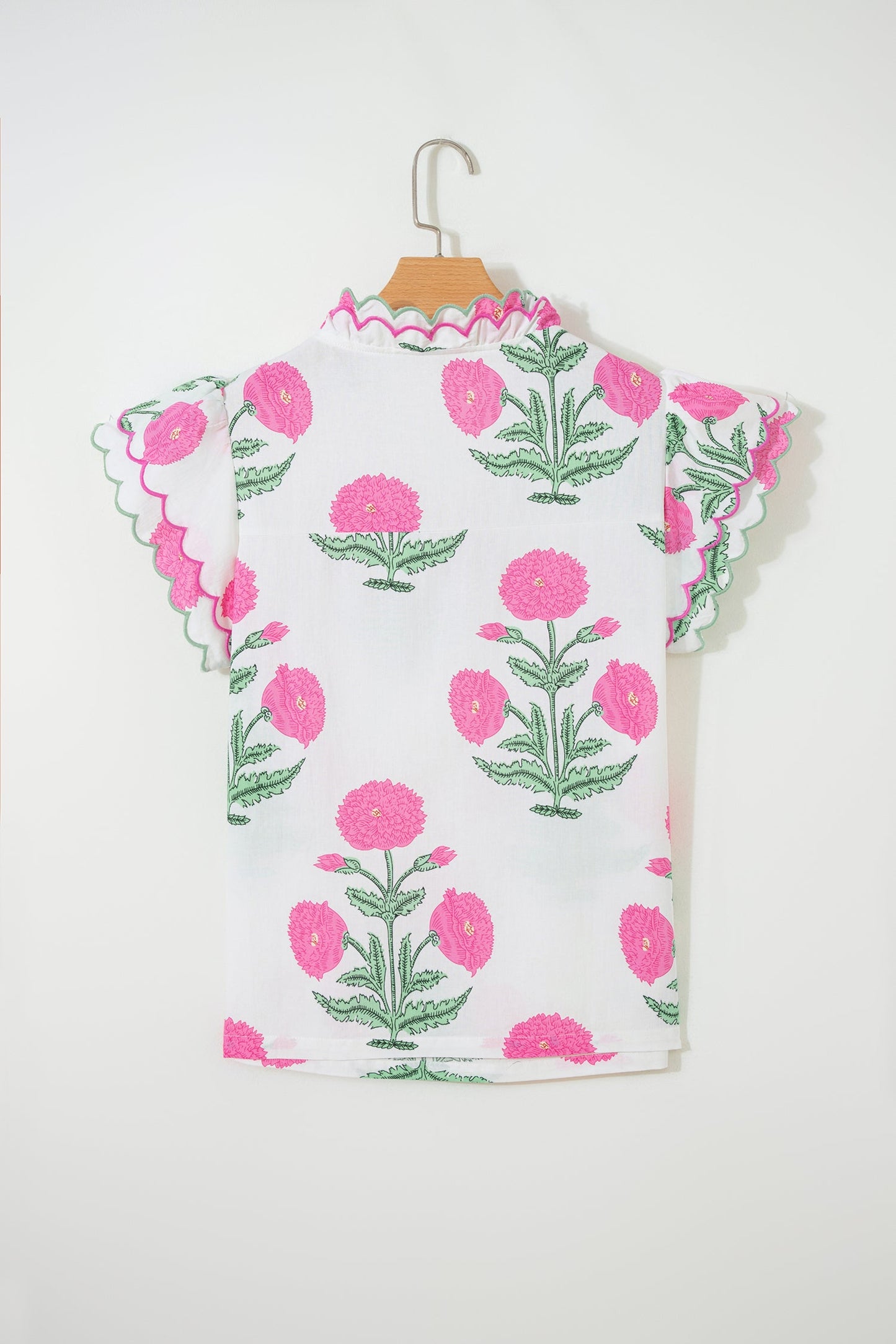 Flower Scallop Contrast Trim Short Sleeve Blouse