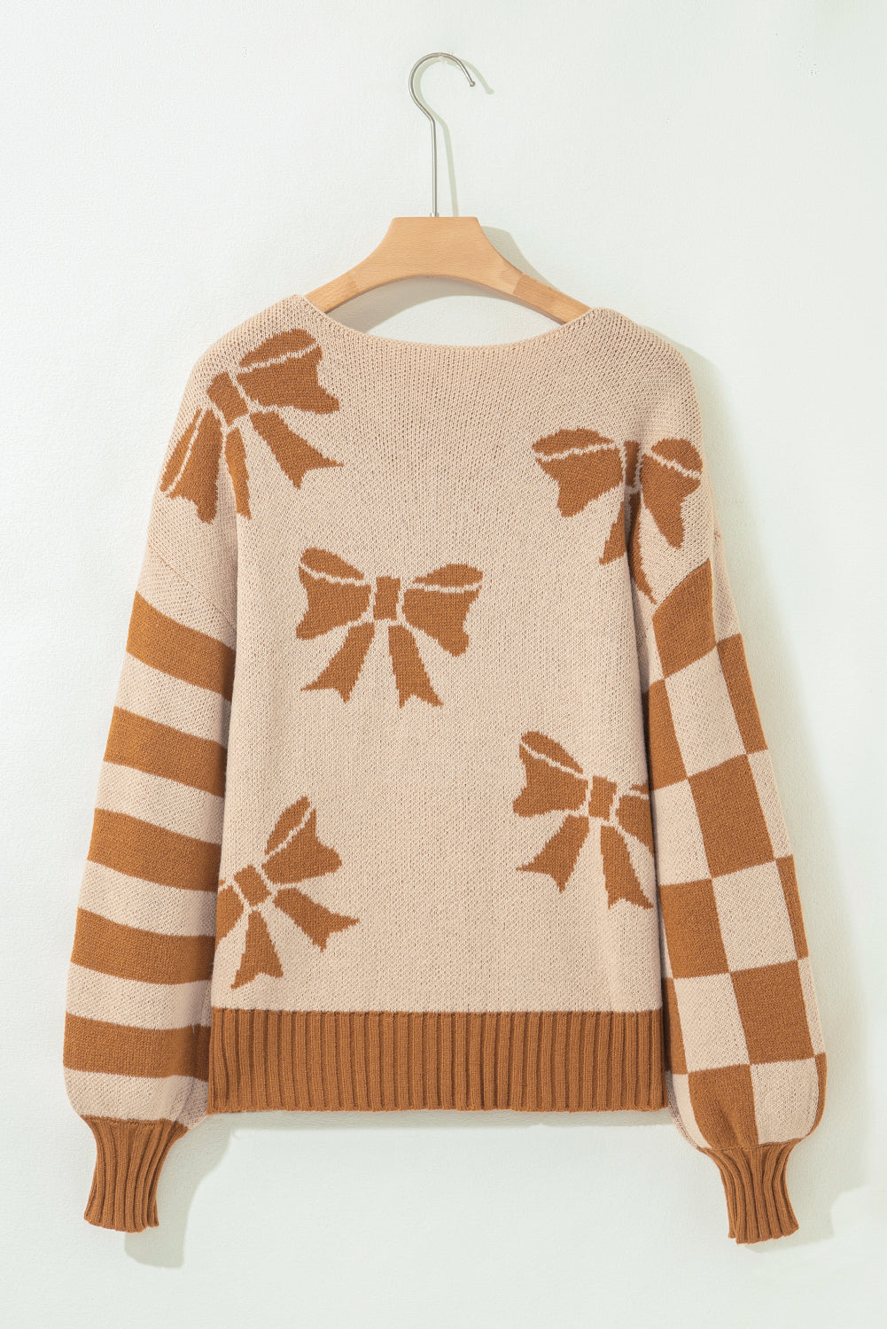 Bow Checker Stripe Patchwork Sleeve Drop Shoulder Sweater