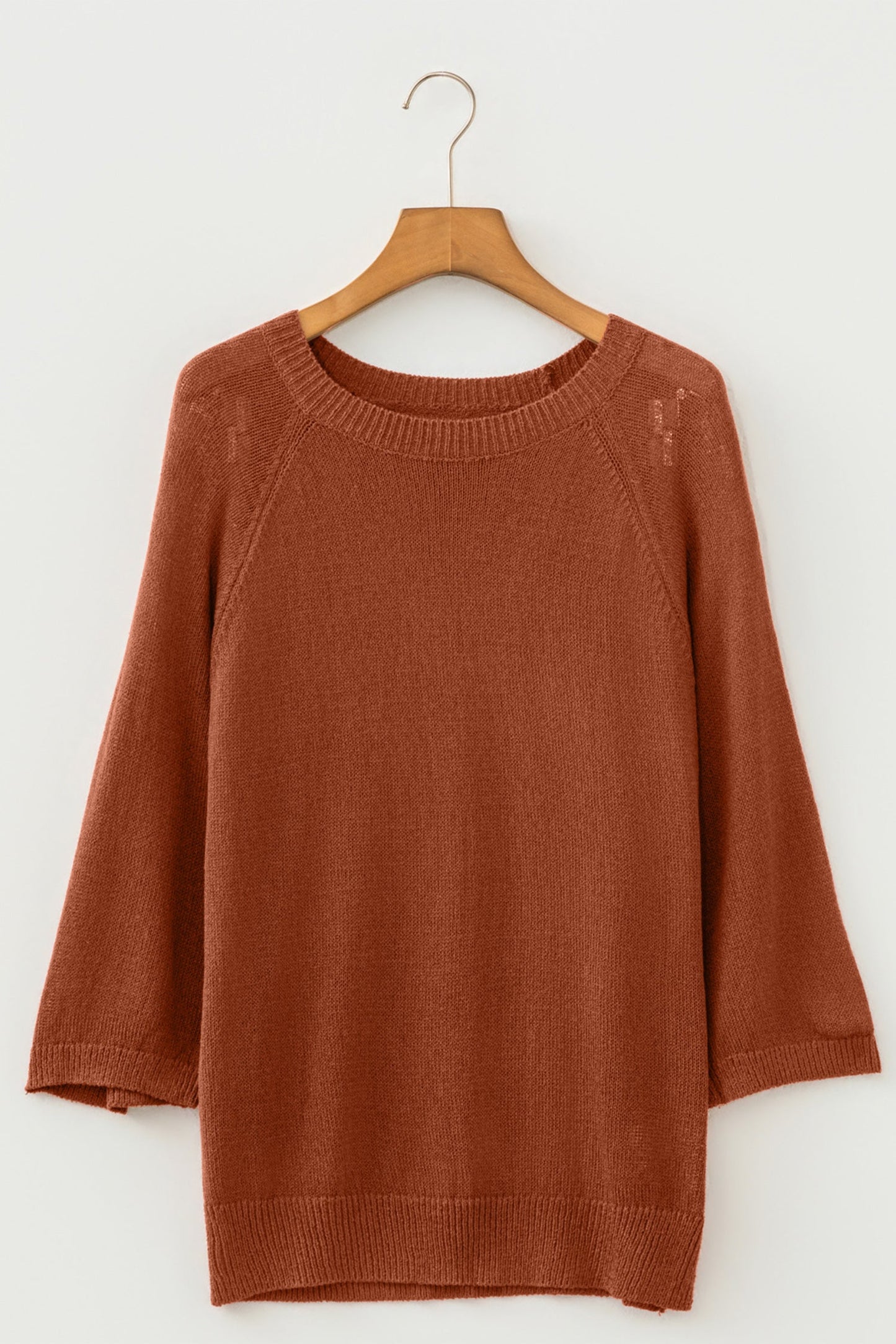 Ribbed Knit Round Neck 3/4 Sleeve Sweater